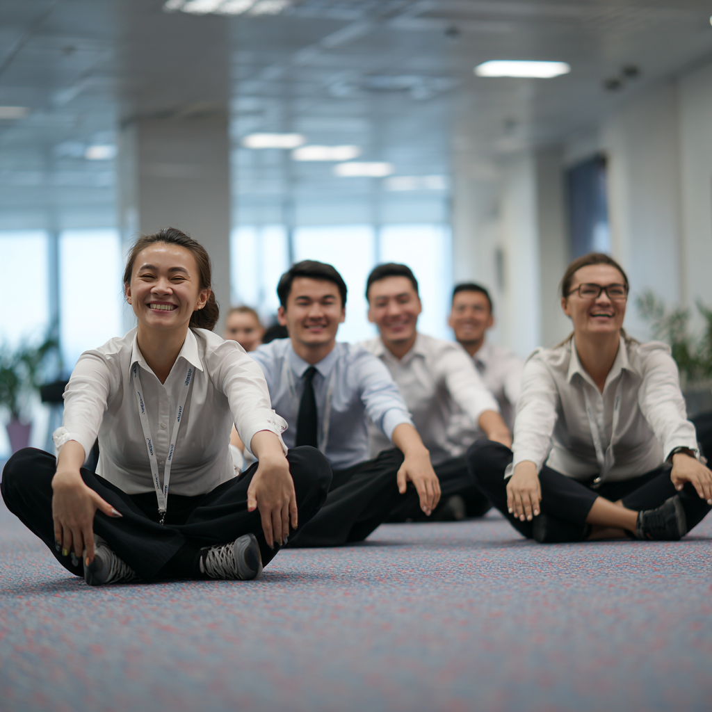 Smiling middle-aged Kazakh woman in comfortable yoga attire sitting in a peaceful meditation pose on a yoga mat in a bright, natural light-filled studio