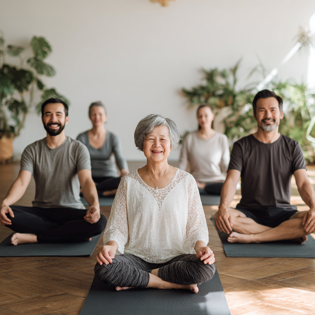 Diverse group of smiling Kazakh adults of different ages practicing yoga together in a modern, peaceful studio with natural lighting and plants