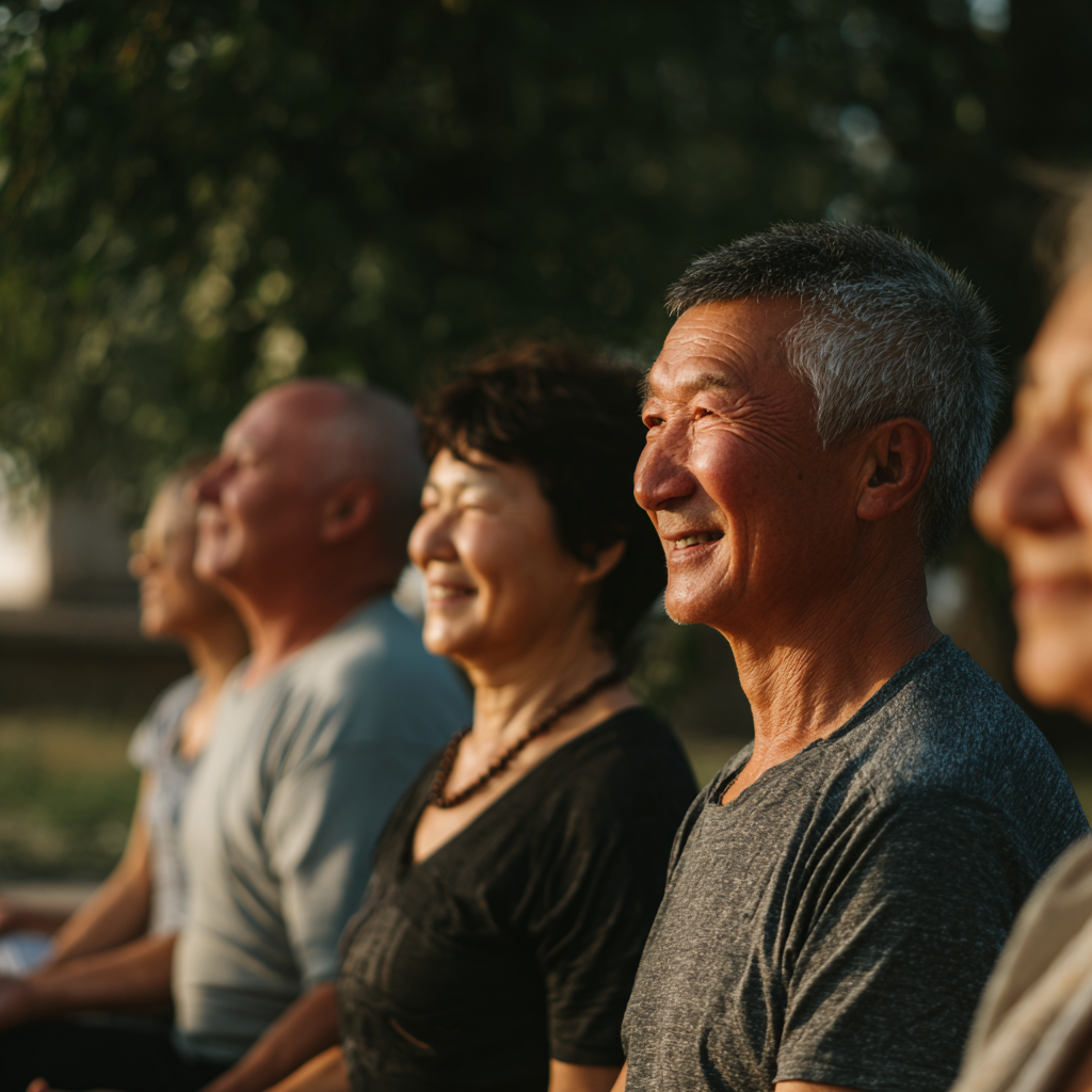 Experienced Kazakh yoga instructor in comfortable attire demonstrating a peaceful sitting pose with a warm, welcoming smile in a natural outdoor setting